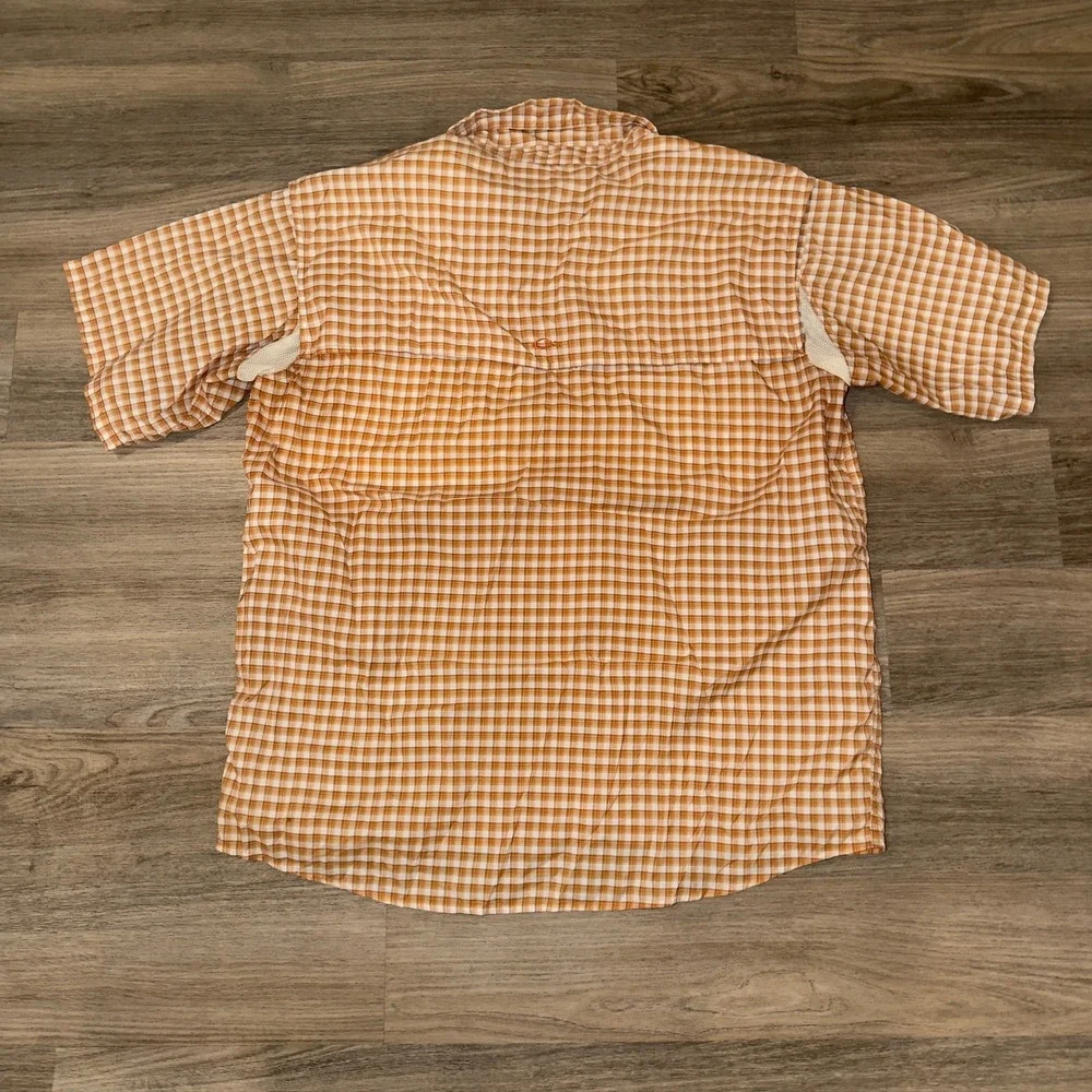 Drake Clothing Company Mens XL Orange Plaid Short Sleeve Vented Fishing Shirt